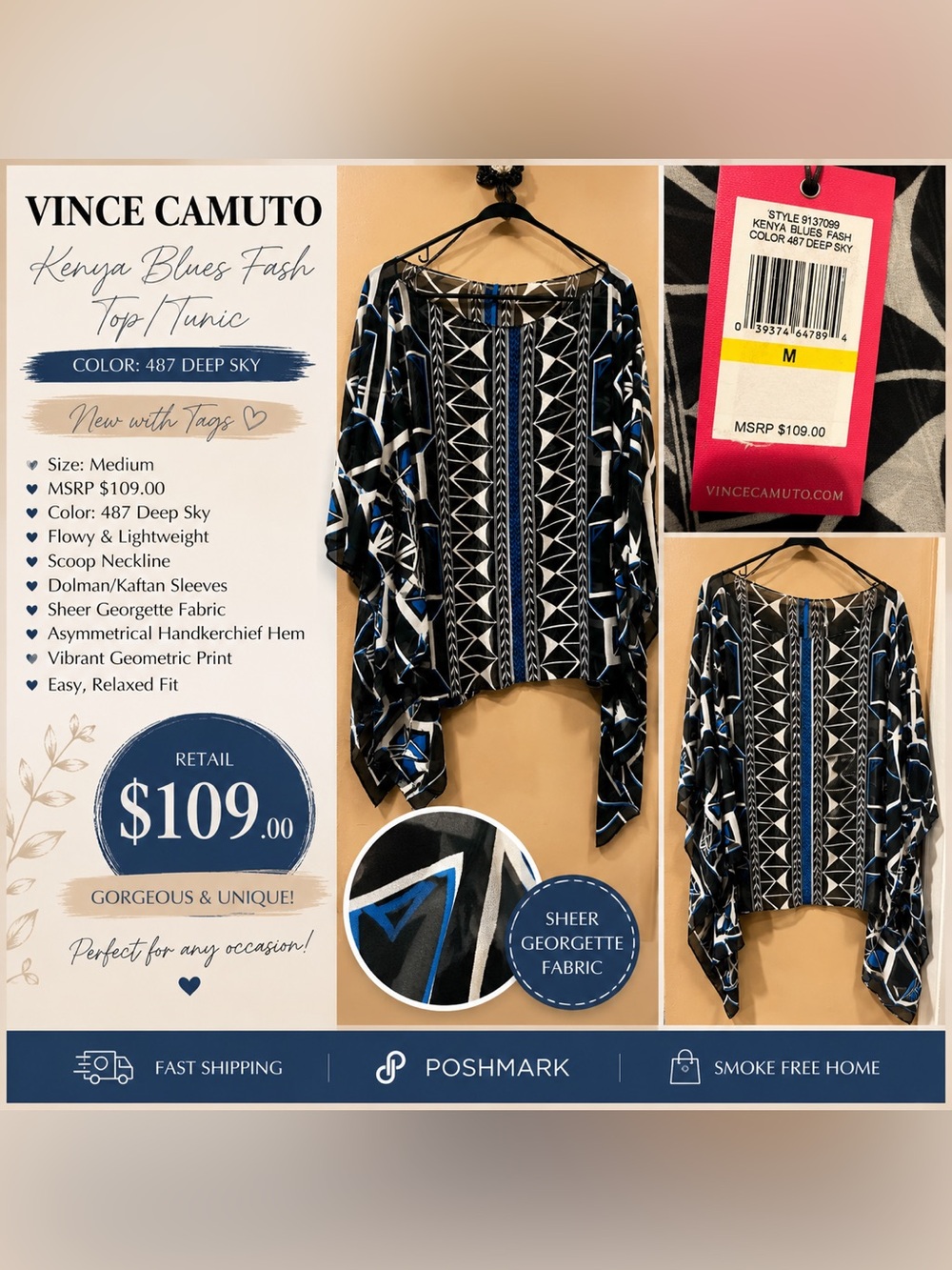 Vince Camuto Kenya Blues Fash Top Tunic Black & White Medium NWT